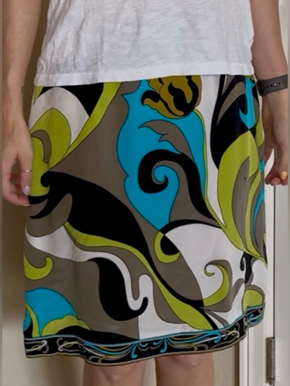 Vintage Silk Retro Print Green Blue Tan Silkland Midi Skirt 8 4